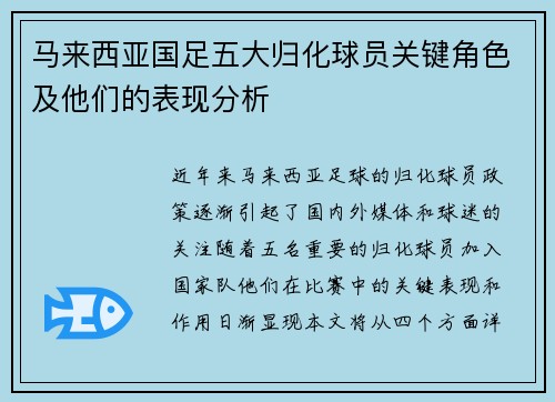 马来西亚国足五大归化球员关键角色及他们的表现分析