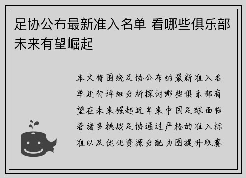 足协公布最新准入名单 看哪些俱乐部未来有望崛起